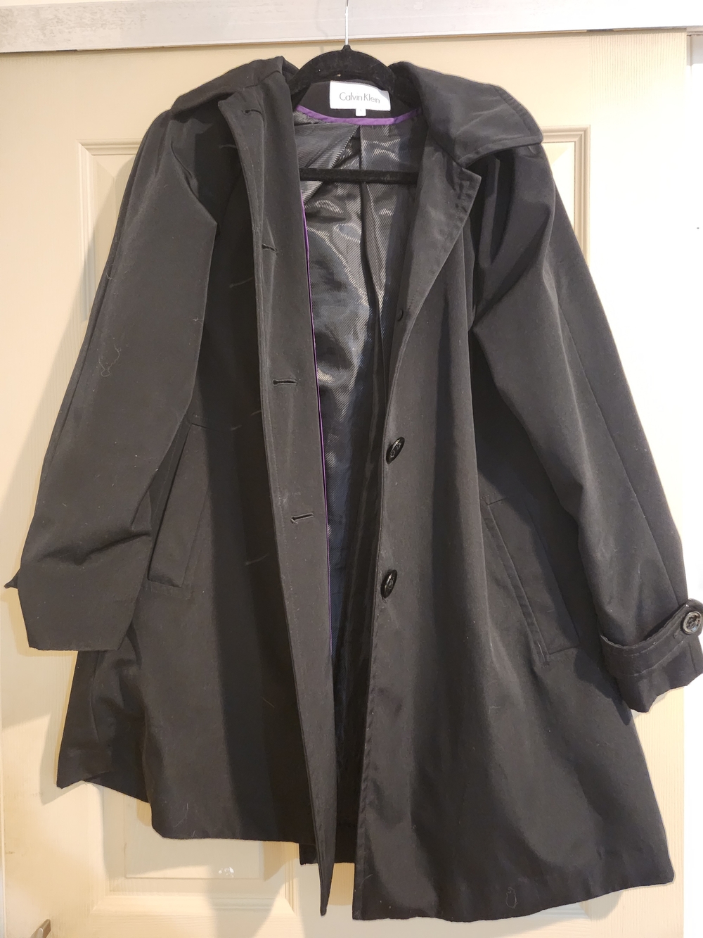Calvin Klein Black Women's Trench Coat with Purple Lining Detail Size Small